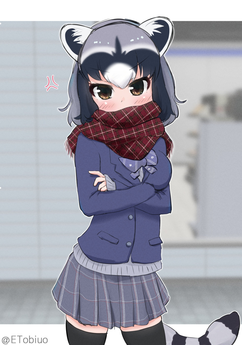 1girl, absurdres, alternate_costume, anger_vein, animal_ears, black_hair, black_thighhighs, blue_bow, blue_bowtie, blue_jacket, blush, bow, bowtie, common_raccoon_(kemono_friends), cowboy_shot, crossed_arms, etobiuo, grey_hair, grey_skirt, highres, jacket, kemono_friends, long_sleeves, multicolored_hair, orange_eyes, plaid, plaid_skirt, pleated_skirt, pout, raccoon_ears, raccoon_girl, raccoon_tail, red_scarf, scarf, school_uniform, short_hair, skirt, solo, tail, thigh-highs, zettai_ryouiki
