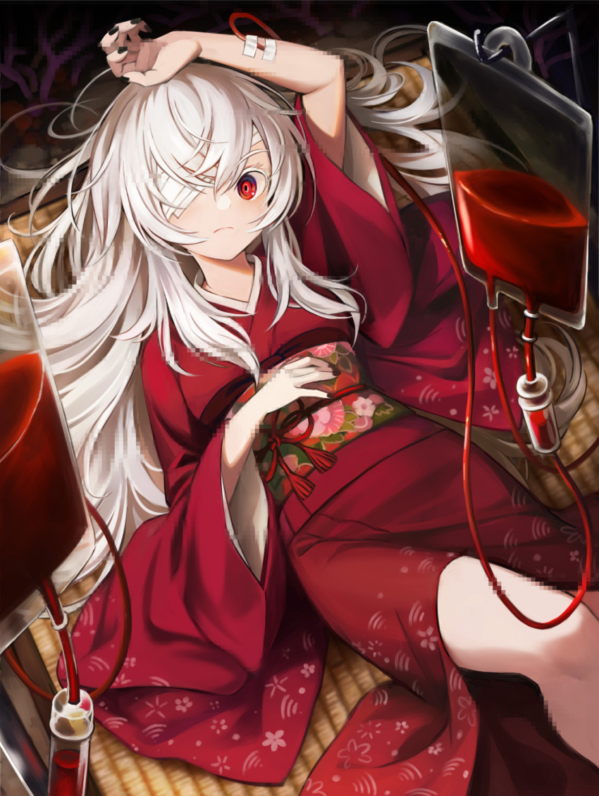 1girl, bandage_over_one_eye, bangs, black_nails, blood, blood_bag, closed_mouth, commentary