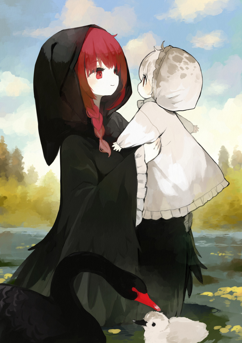 2girls, absurdres, animal, bird, black_robe, black_swan_(bird), braid, carrying, day, eye_contact, feathers, highres, hood, looking_at_another, mother_and_daughter, multiple_girls, original, personification, pond, red_eyes, redhead, robe, sakutake_(ue3sayu), standing, swan