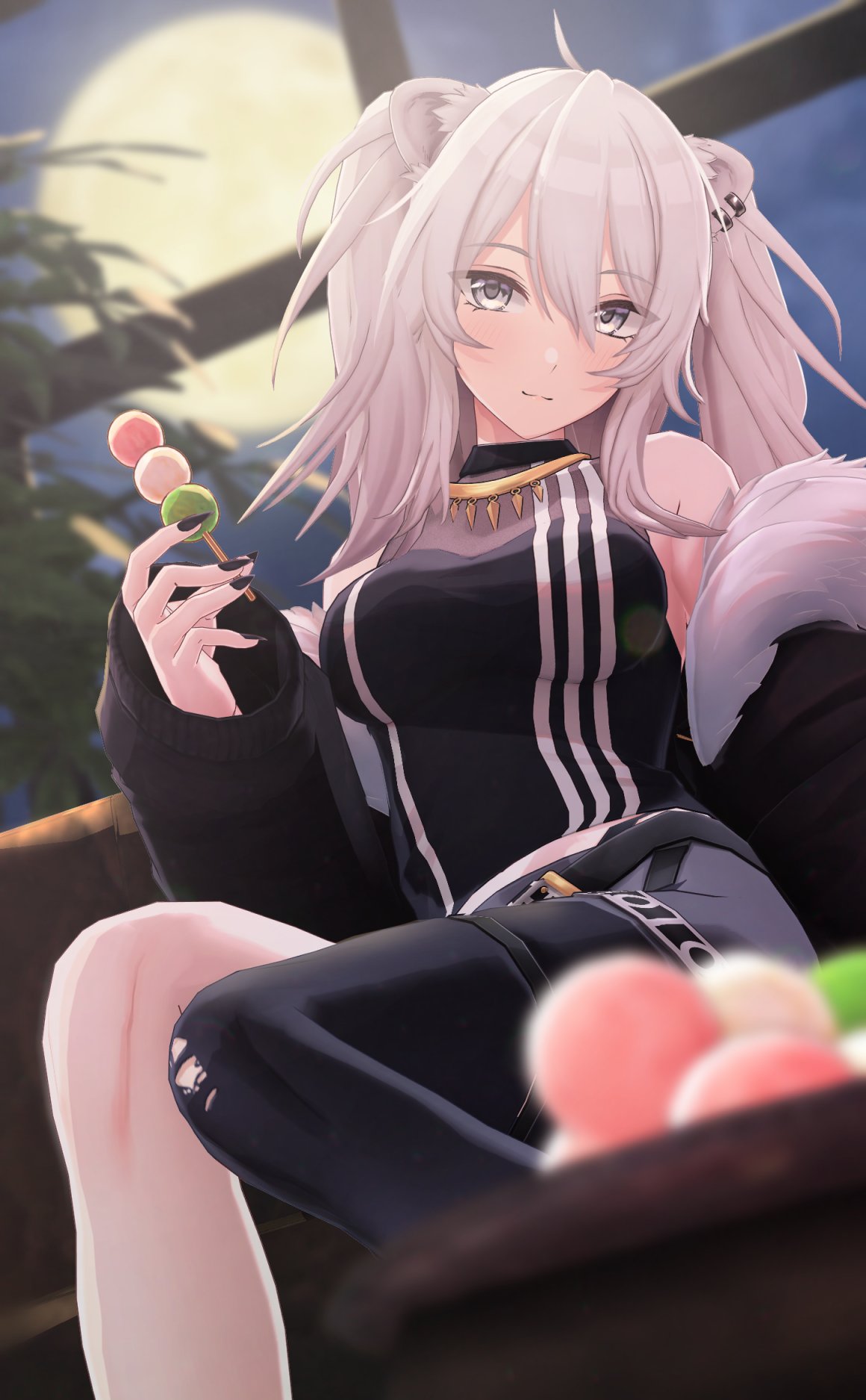 ahoge, animal_ears, asymmetrical_legwear, bangs, black_jacket, black_nails, black_pantyhose, black_shirt