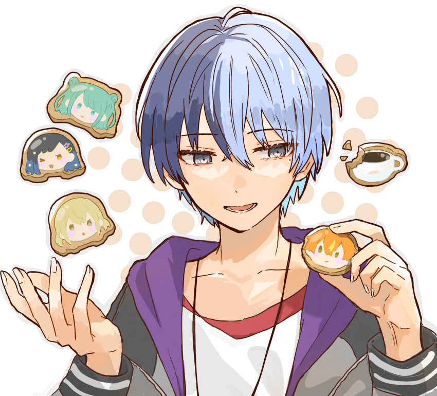 >_o, 1boy, aoyagi_touya, azusawa_kohane, blue_hair, blush_stickers, character_cookie, closed_mouth
