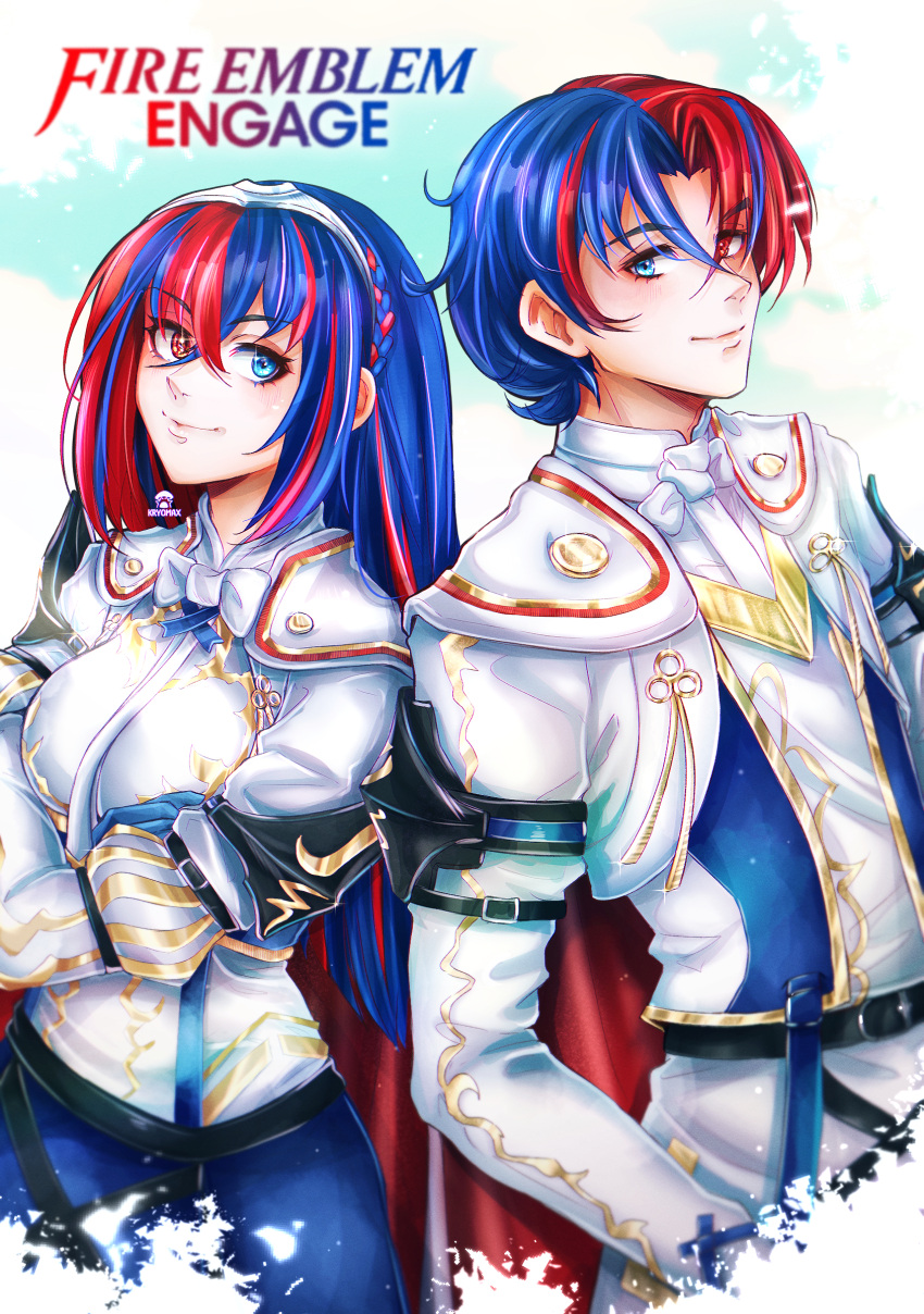 1boy, 1girl, absurdres, alear_(fire_emblem), alear_(fire_emblem)_(female), armor, bangs, blue_eyes, blue_hair, braid, breasts, crossed_bangs, crown_braid, fire_emblem, fire_emblem_engage, heterochromia, highres, long_hair, looking_at_viewer, max_art149, medium_breasts, multicolored_hair, red_eyes, redhead, short_hair, smile, split-color_hair, two-tone_hair, very_long_hair