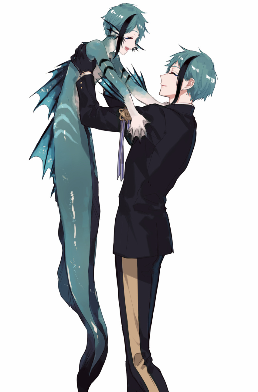 2boys, aged_down, black_gloves, black_hair, black_suit, blue_hair, blue_skin, carrying