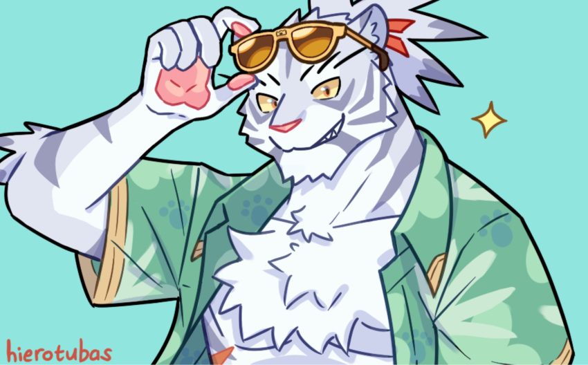 1boy, adjusting_eyewear, animal_ear_fluff, animal_ears, animal_hands, animal_nose, aqua_background, arm_up