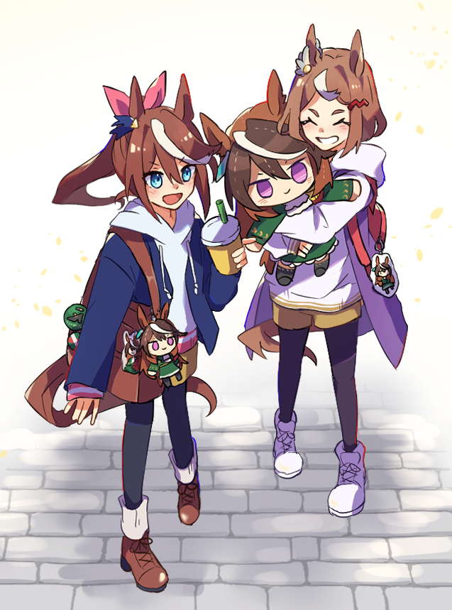 alternate_costume, animal_ears, backpack, bag, blue_eyes, blue_jacket, bow, brown_footwear