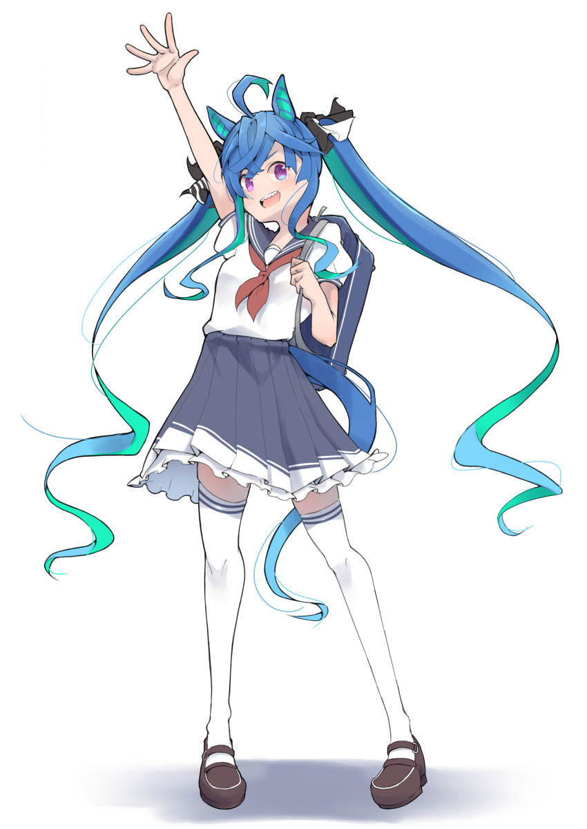 1girl, absurdres, ahoge, alternate_costume, animal_ears, arm_up, bag, blue_eyes