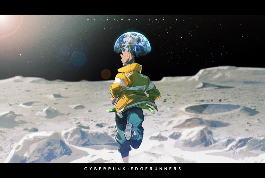 1boy, artist_name, brown_hair, copyright_name, crater, cyberpunk_(series), cyberpunk_edgerunners, david_martinez