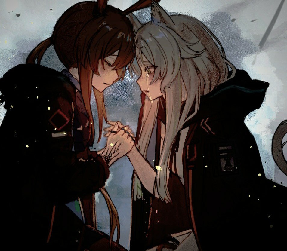 2girls, amiya_(arknights), animal_ears, arknights, black_cape, black_jacket, cape, cat_ears