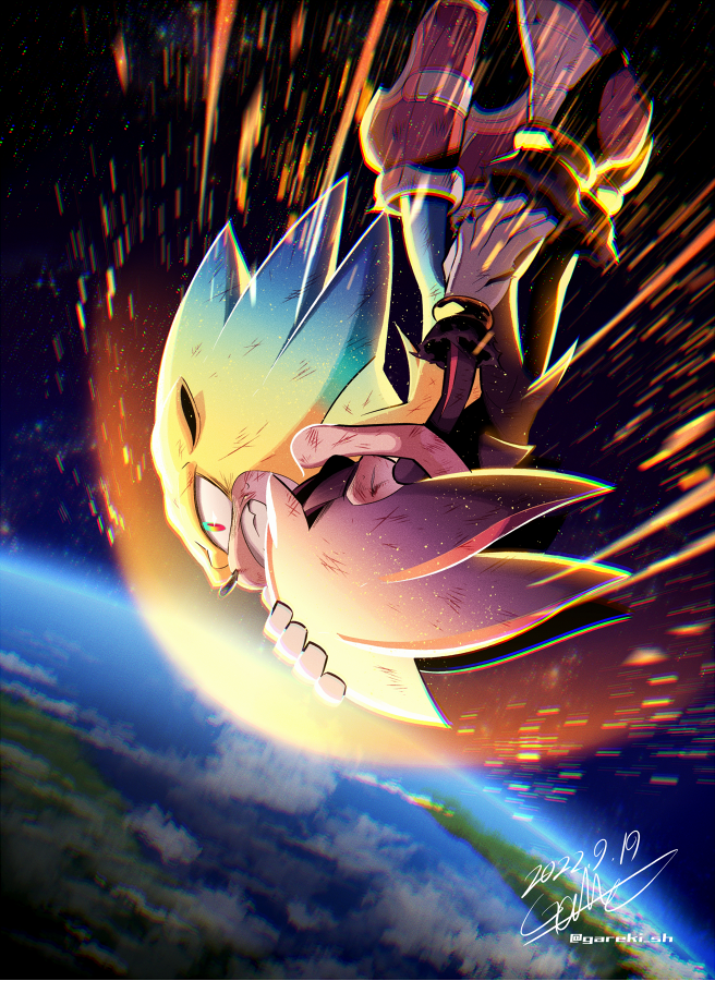 2boys, animal_ears, atmospheric_reentry, aura, blue_eyes, clenched_hands, dated, earth_(planet)