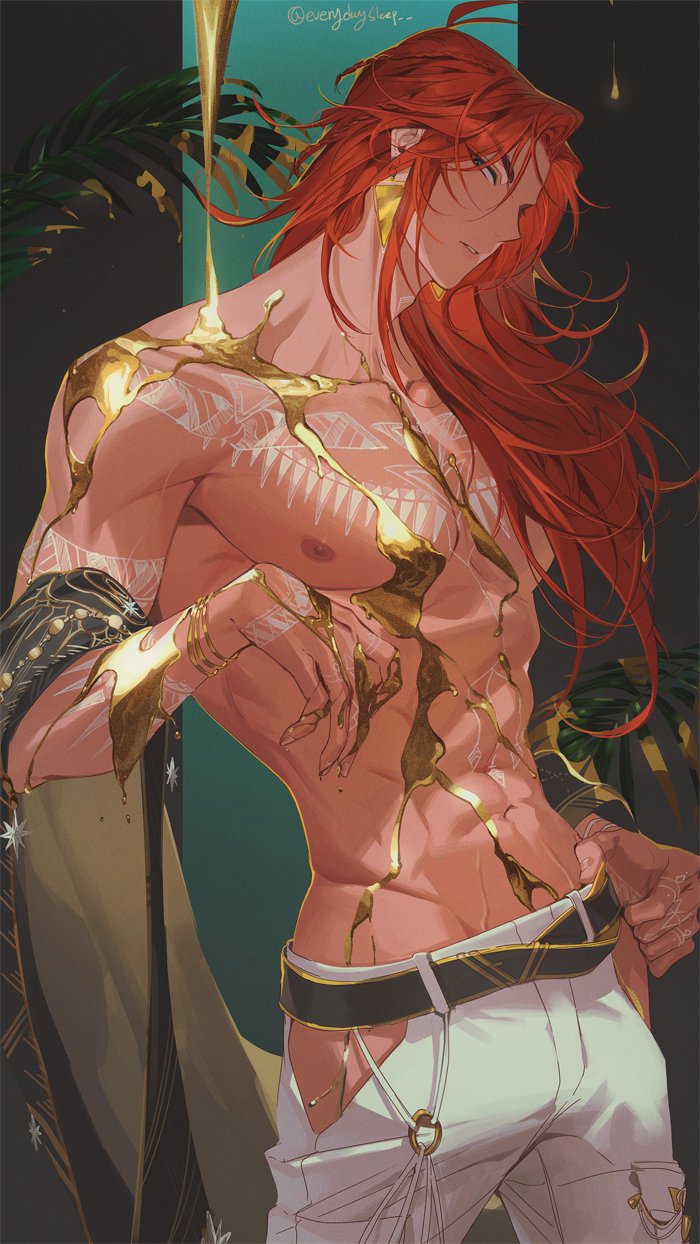 1boy, aqua_eyes, bodypaint, bracelet, brown_eyes, clothing_cutout, dante_(nu_carnival), dark-skinned_male