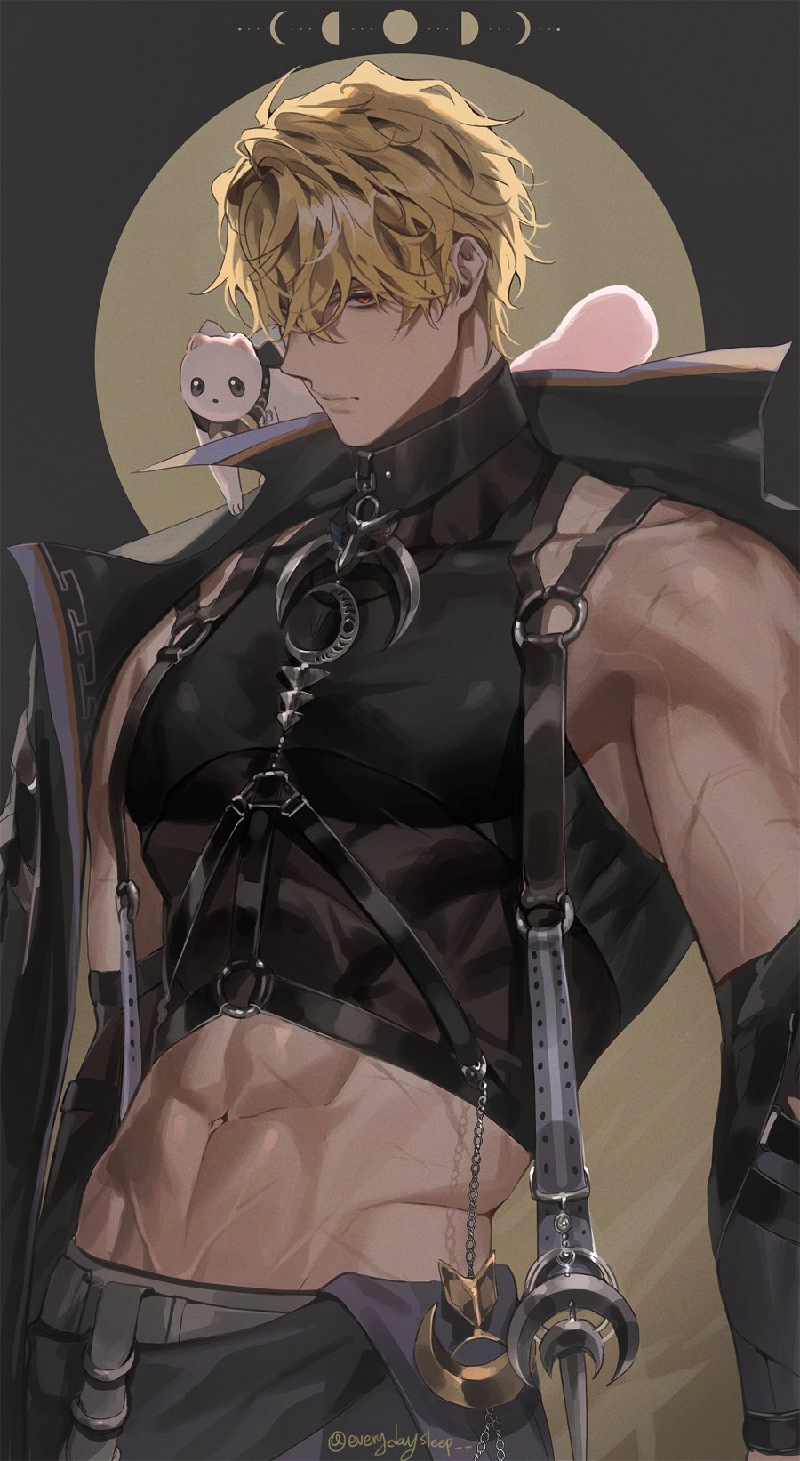 1boy, bags_under_eyes, blonde_hair, everydaysleep, gloves, highres, male_focus, muscular, muscular_male, nu_carnival, pectorals, quincy_(nu_carnival), short_hair, solo, weasel