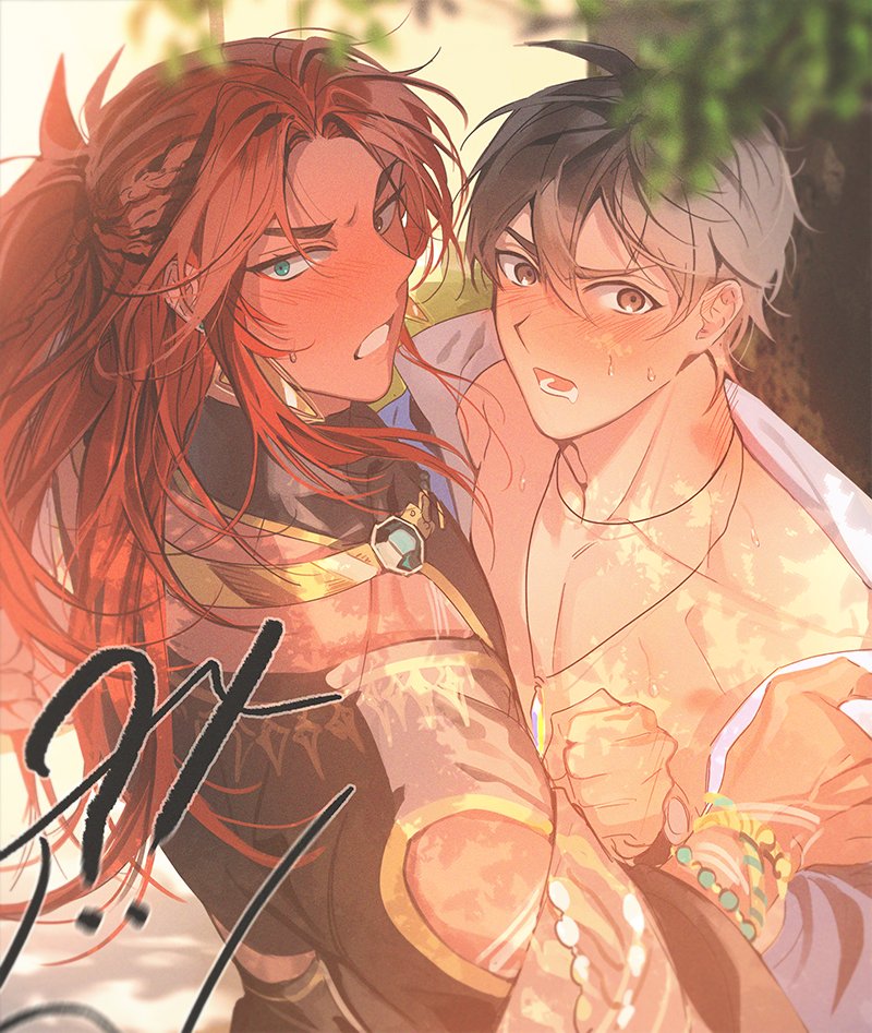 2boys, aqua_eyes, bodypaint, braid, brown_eyes, dante_(nu_carnival), dark-skinned_male, dark_skin
