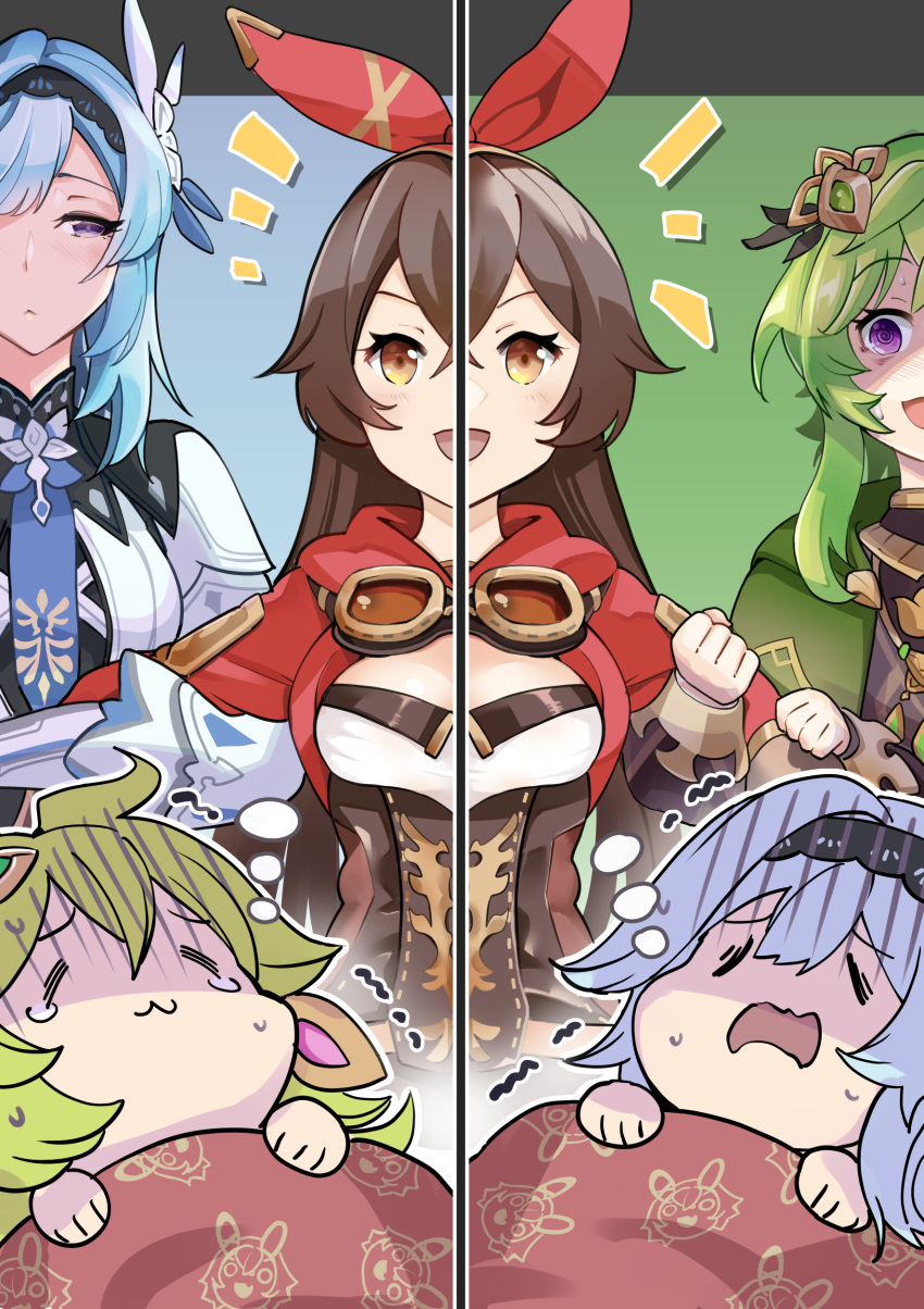 3girls, :3, absurdres, amber_(genshin_impact), aqua_hair, bangs, breasts, brown_hair