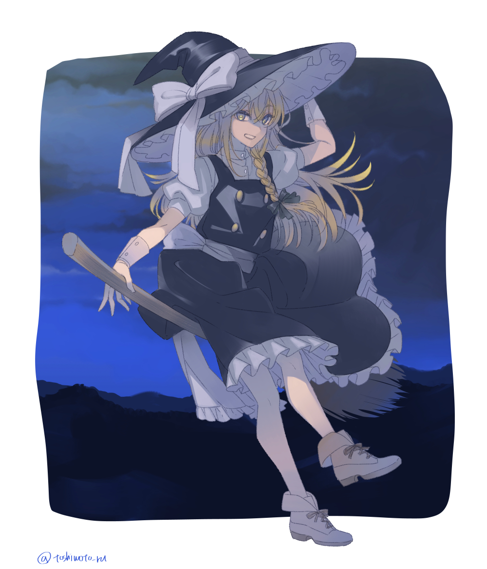 1girl, arm_up, black_headwear, black_skirt, black_vest, blonde_hair, bow, braid