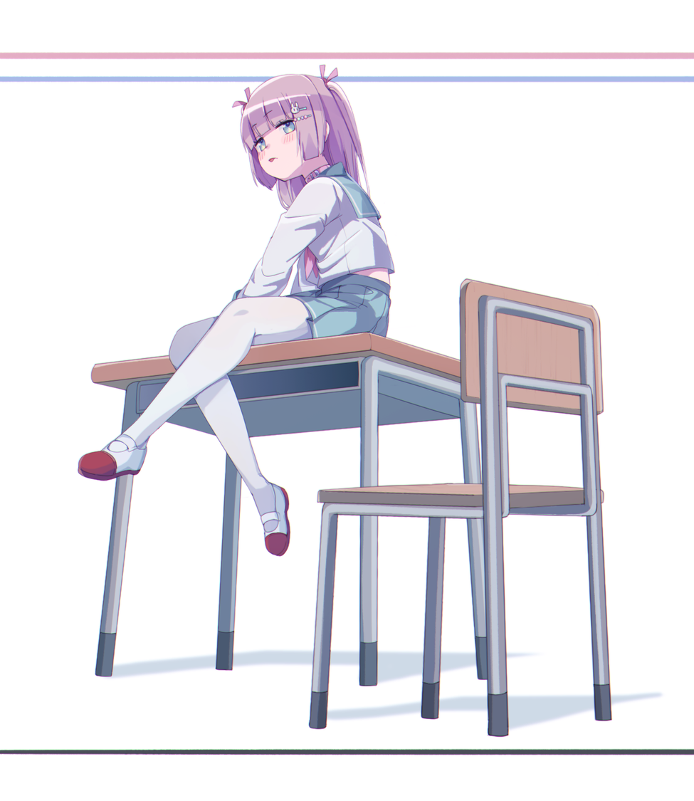 1girl, bangs, blunt_bangs, chair, collar, desk, hair_ornament, hair_ribbon