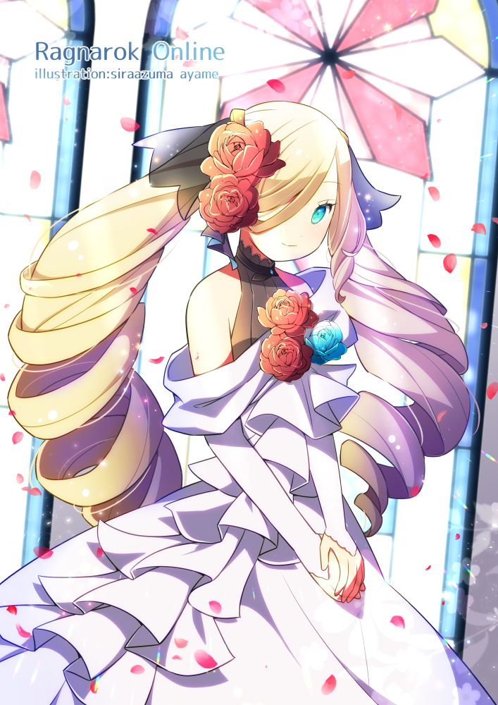 1girl, bangs, black_shirt, blonde_hair, blue_eyes, blue_flower, blush, breasts