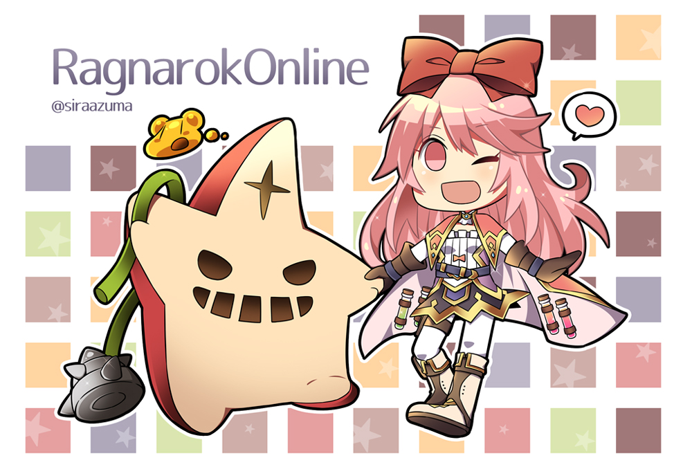1girl, :d, bangs, blush, bow, brown_gloves, cape, chibi