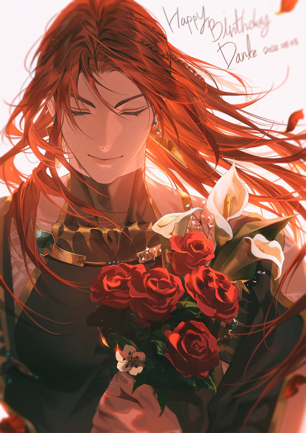 1boy, bodypaint, bouquet, brown_eyes, closed_eyes, dante_(nu_carnival), dark-skinned_male, dark_skin