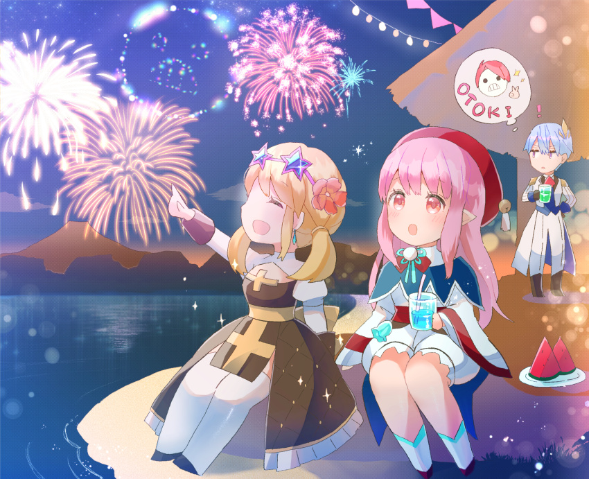 1boy, 2girls, aerial_fireworks, arch_bishop_(ragnarok_online), ascot, bangs, beach, blonde_hair