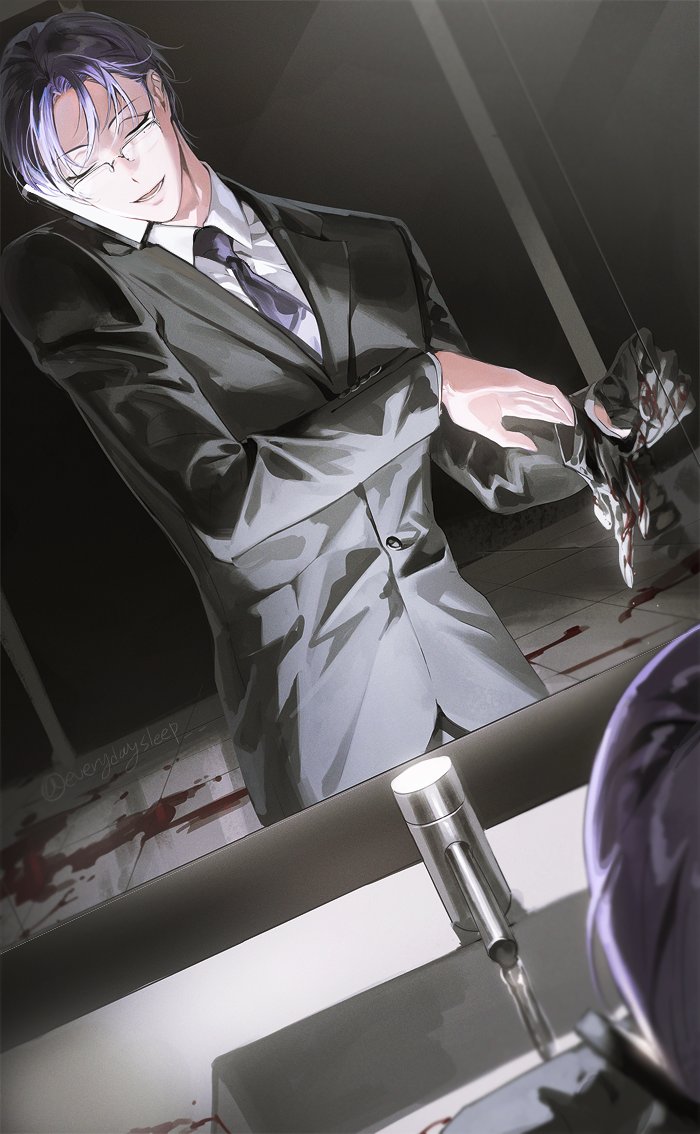 1boy, bathroom, blood, closed_eyes, everydaysleep, formal, full-length_mirror, gloves
