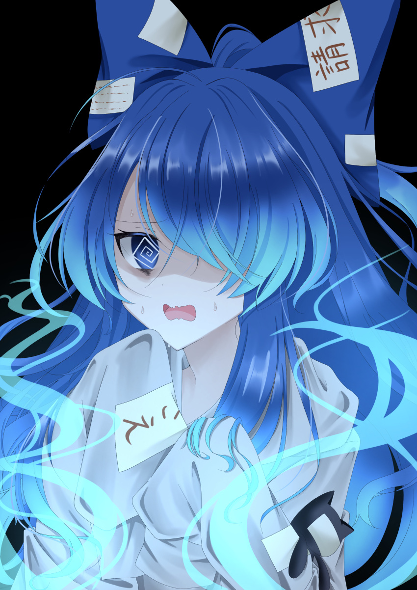 1girl, @_@, absurdres, aura, bangs, black_background, blue_eyes, blue_hair
