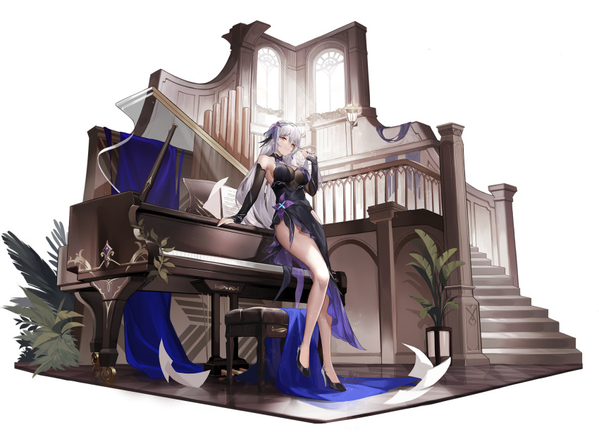 aether_gazer, armpits, artist_request, bare_shoulders, black_dress, breasts, dress, earrings, flower, hades_(aether_gazer), high_heels, highres, instrument, jewelry, long_hair, orange_eyes, piano, purple_dress, purple_flower, purple_skirt, skirt, white_hair