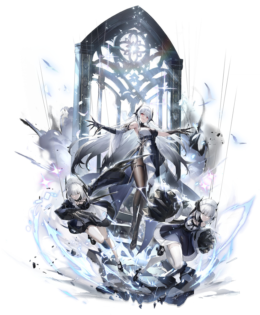 3girls, aether_gazer, artist_request, black_gloves, claws, doll, dress, gloves