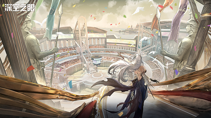 aether_gazer, arena, artist_request, bare_shoulders, black_dress, black_gloves, breasts, dress