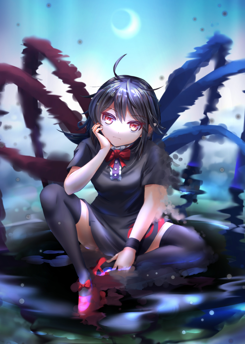 1girl, asymmetrical_wings, bangs, black_dress, black_hair, black_thighhighs, blue_wings, bow, bowtie, breasts, buttons, center_frills, closed_mouth, commentary_request, dress, eclipse, expressionless, fog, footwear_bow, frilled_dress, frills, full_body, head_rest, houjuu_nue, looking_at_viewer, mary_janes, medium_breasts, medium_hair, pointy_ears, red_bow, red_bowtie, red_eyes, red_footwear, red_wings, shoes, short_dress, short_sleeves, sitting, solar_eclipse, solo, thigh-highs, tomoe_(symbol), touhou, water, wings, wristband, yakkyokuya