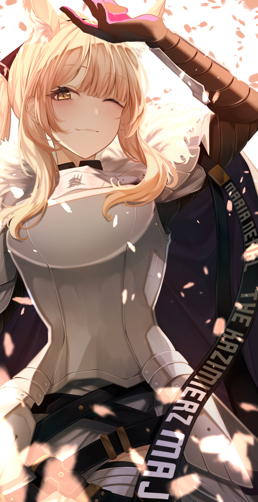 1girl, absurdres, animal_ears, arknights, armor, blemishine_(arknights), blonde_hair, confetti