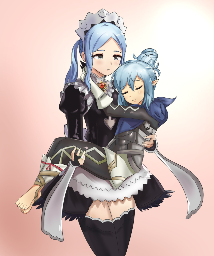 2girls, absurdres, blue_hair, carrying, fire_emblem, fire_emblem_fates, flora_(fire_emblem), hair_bun