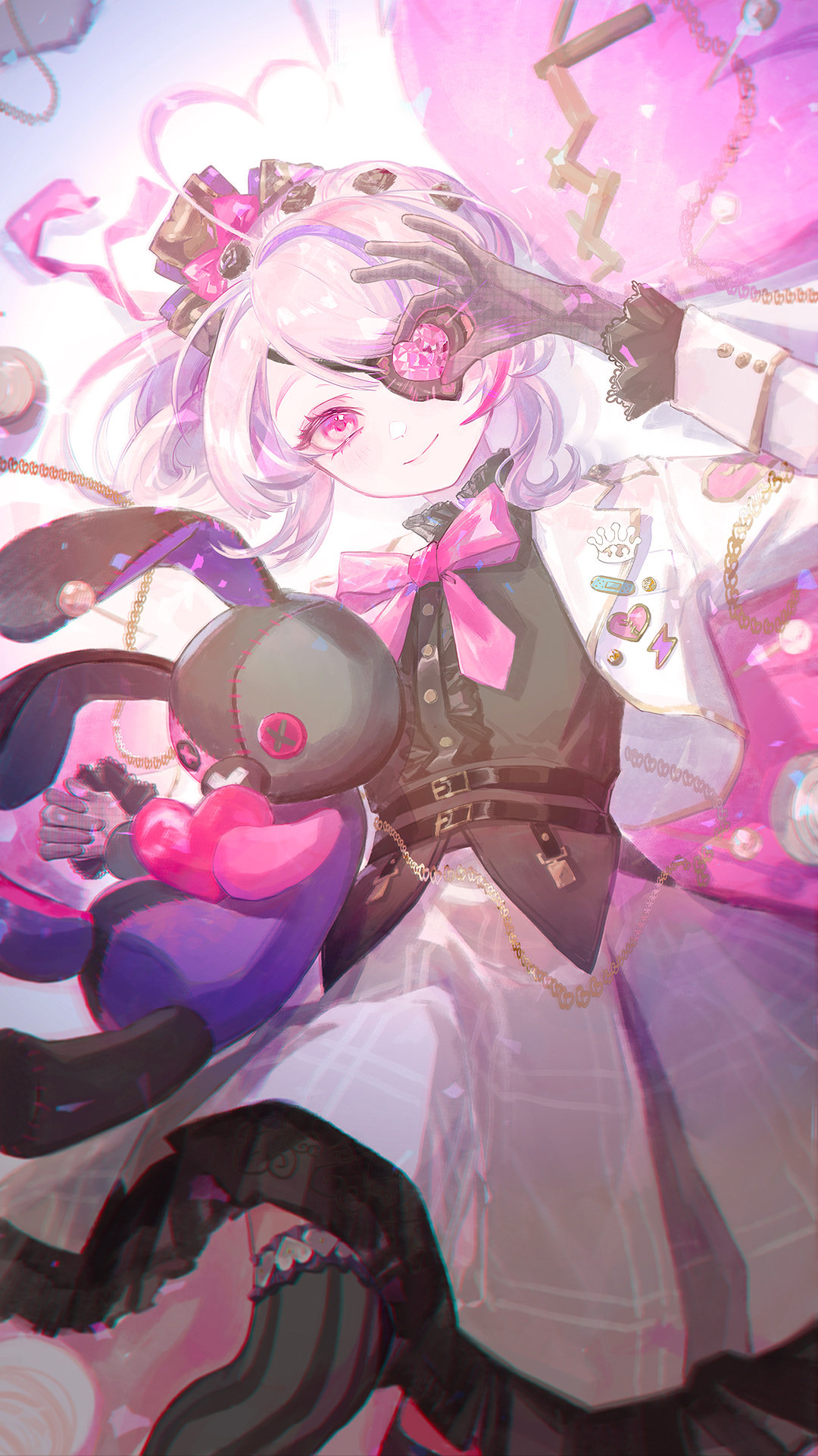 1girl, badge, bangs, belt, black_belt, black_shirt, black_thighhighs, bow