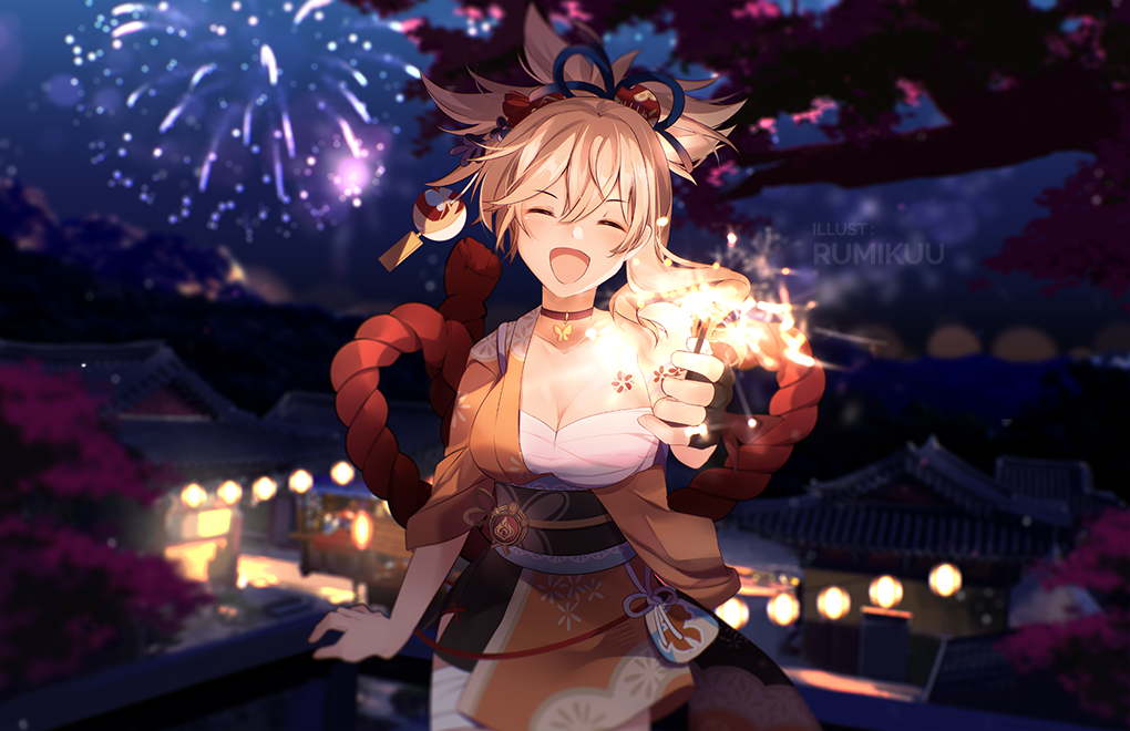 1girl, blonde_hair, breasts, building, closed_eyes, fingerless_gloves, fireworks, fish