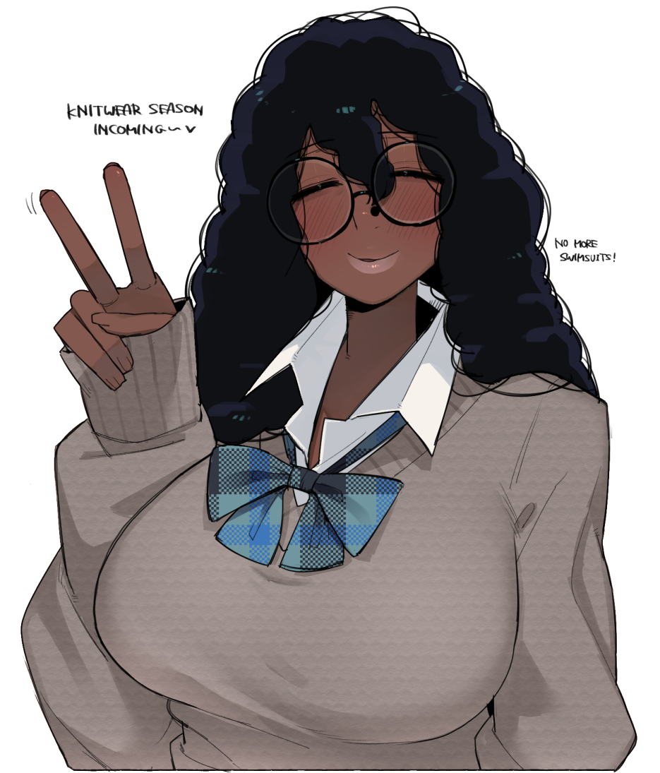 1girl, black_hair, blush, broccoli_(ohasi), cardigan, dark-skinned_female, dark_skin, english_text