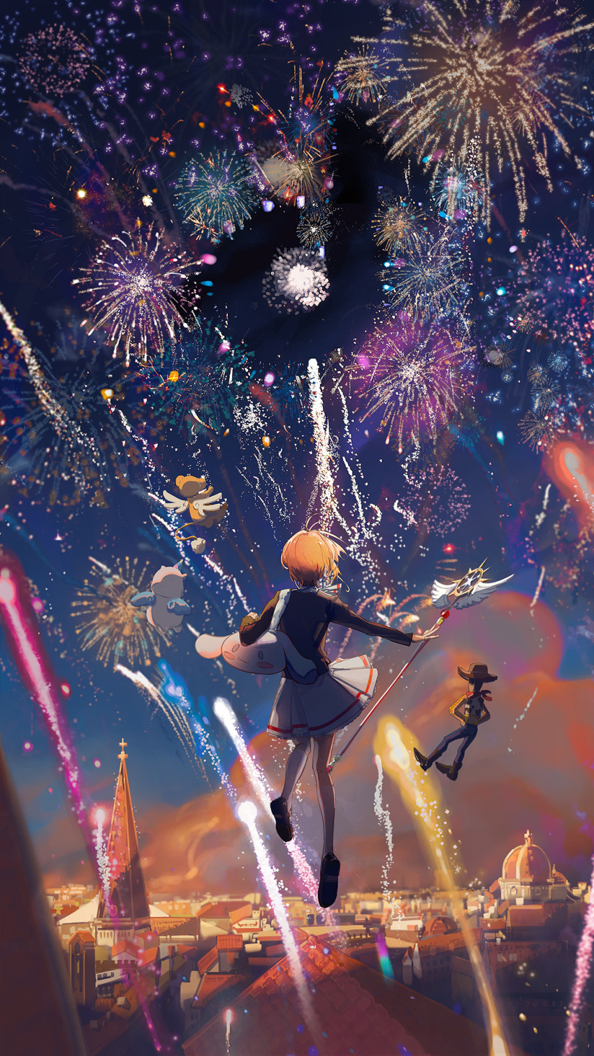 1girl, antenna_hair, bag, black_footwear, black_jacket, brown_hair, building, cardcaptor_sakura