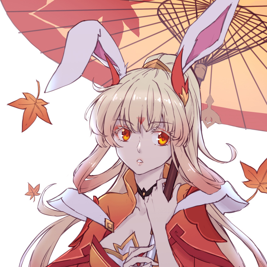 1girl, :o, absurdres, animal_ears, bangs, black_choker, blonde_hair, choker, cleavage_cutout, clothing_cutout, facial_mark, forehead_mark, gongsun_li, highres, holding, holding_umbrella, jacket, leaf, looking_at_viewer, makeup, maple_leaf, oil-paper_umbrella, open_mouth, orange_eyes, orange_jacket, ponytail, rabbit_ears, rabbit_girl, simple_background, solo, third-party_source, umbrella, upper_body, wangzhe_rongyao, white_background