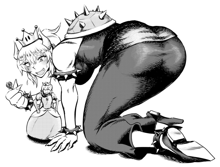 2girls, armlet, black_dress, blonde_hair, bowser, bowsette, bracelet, collar