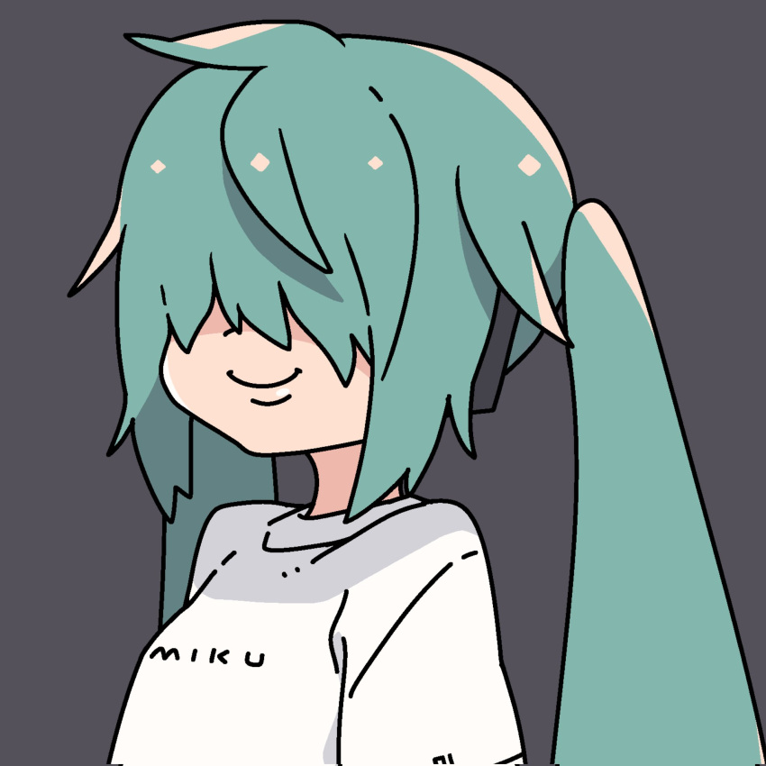 1girl, alternate_hairstyle, aqua_hair, hair_over_eyes, hatsune_miku, highres, icon_315, long_hair, portrait, simple_background, smile, solo, twintails, vocaloid