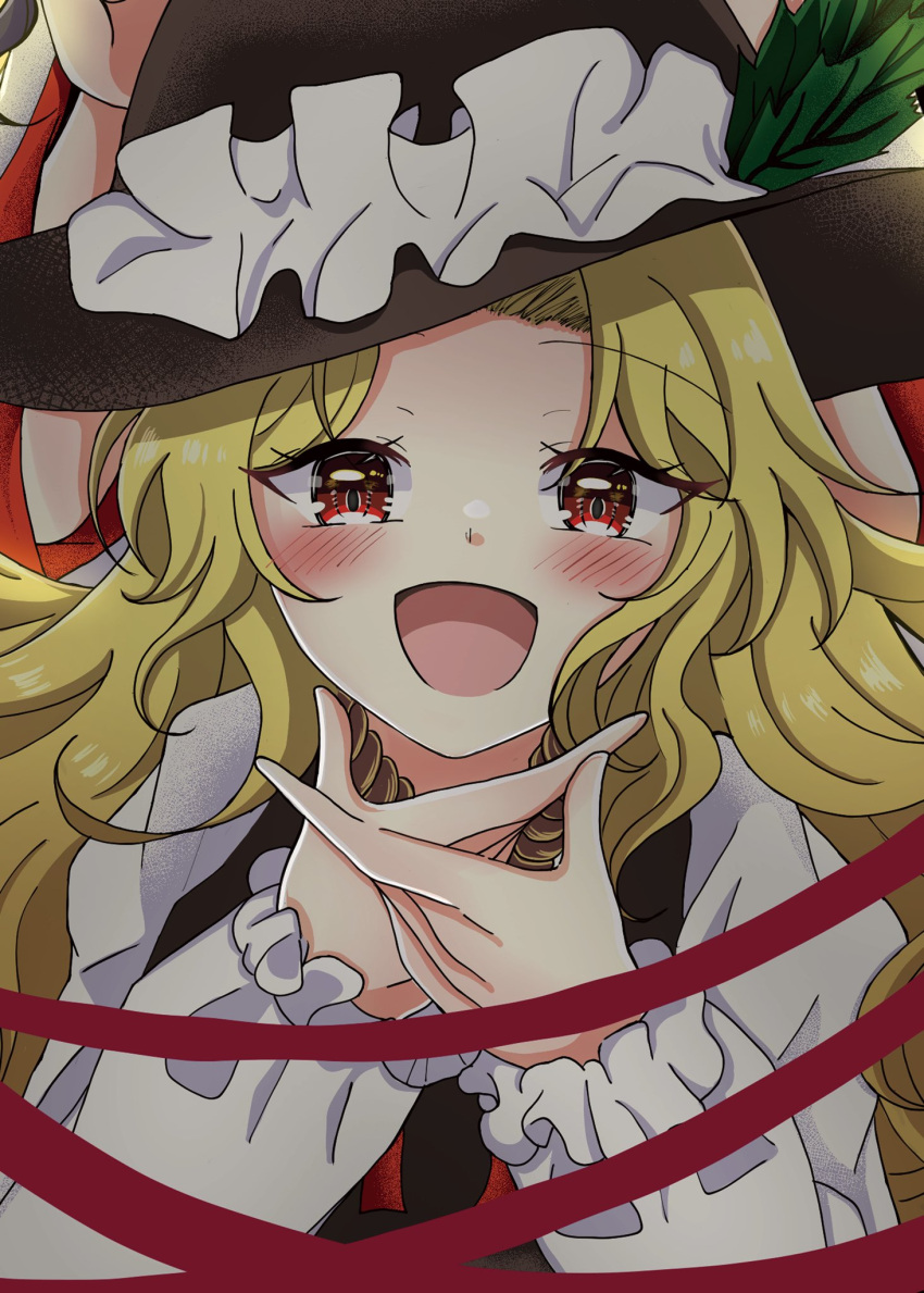1girl, bangs, blonde_hair, blush, brown_headwear, brown_vest, collared_shirt, eyelashes