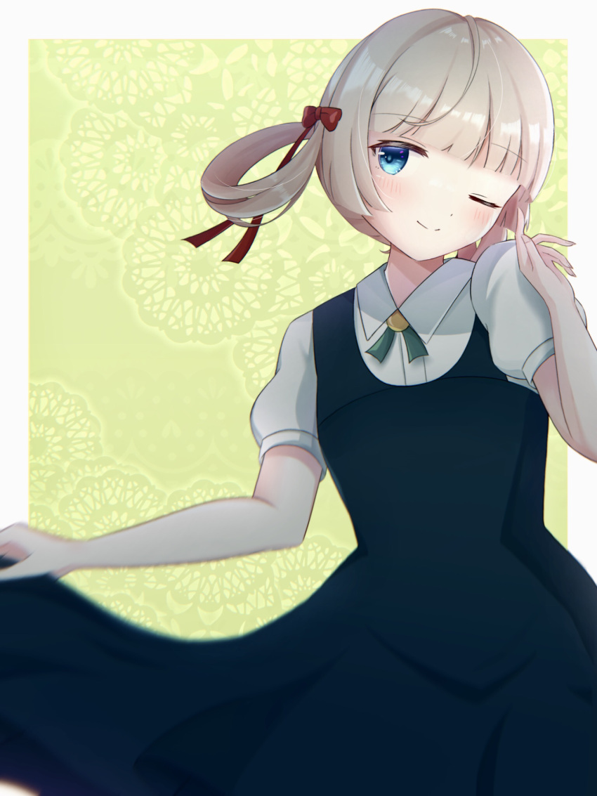 1girl, black_dress, blue_eyes, blush, dress, hair_ribbon, hair_rings, highres
