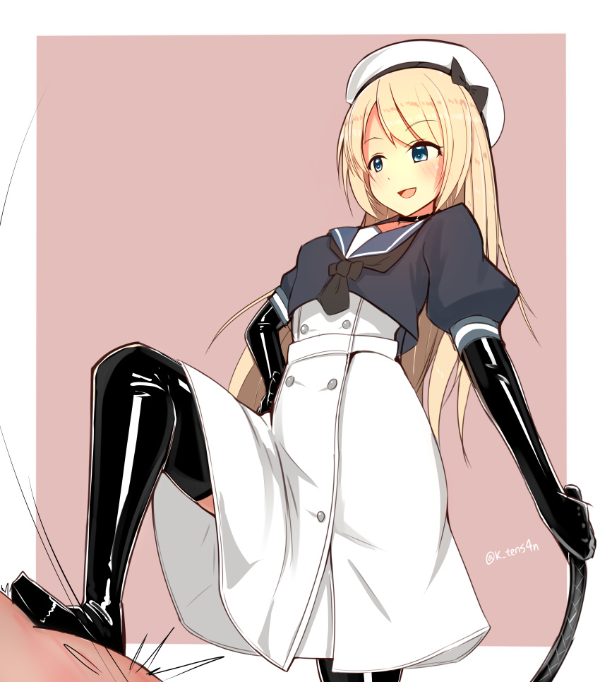 1girl, absurdres, black_choker, black_gloves, black_neckerchief, black_thighhighs, blonde_hair, blue_eyes