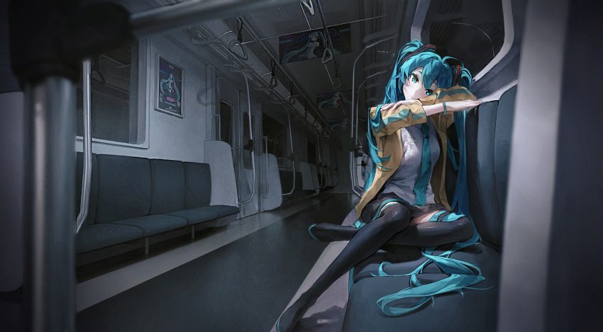1girl, absurdly_long_hair, aqua_necktie, bag, black_footwear, black_skirt, blue_eyes, blue_hair