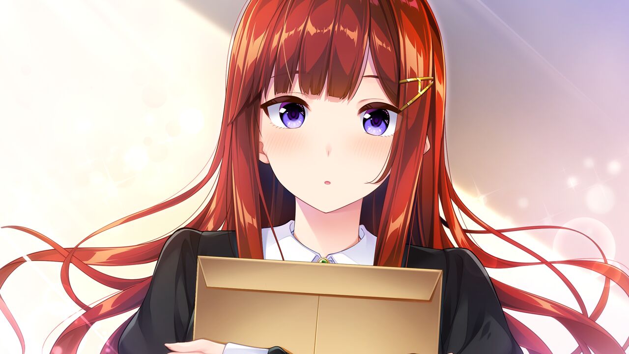 1girl, bangs, black_shirt, blunt_bangs, blush, floating_hair, game_cg, go-1, hair_ornament, hairclip, lens_flare, long_hair, long_sleeves, looking_at_viewer, mitsumiya_miori, open_mouth, otome_to_fureau_hitotsu_yane_no_shita, portrait, redhead, shiny, shiny_hair, shirt, solo, sunlight, very_long_hair, violet_eyes