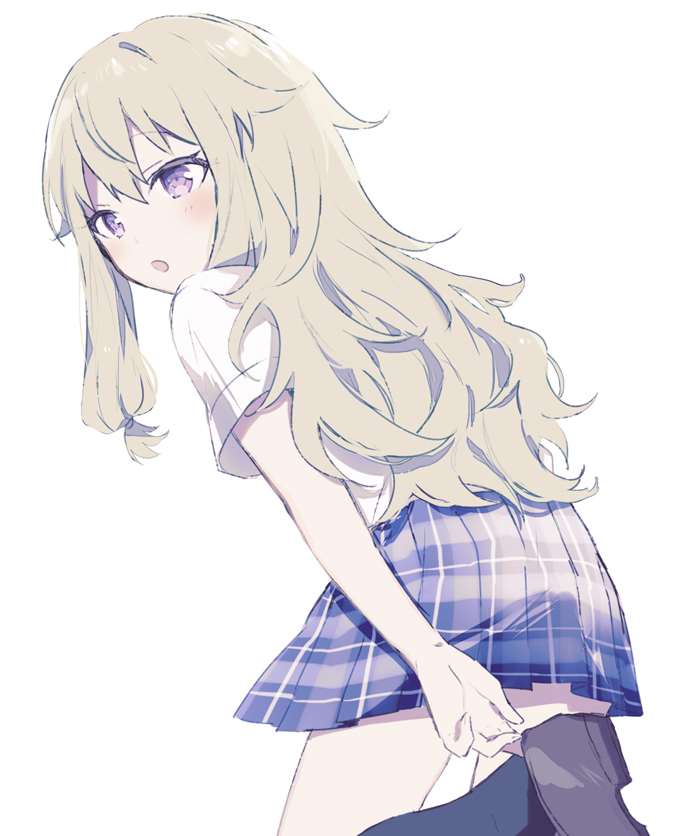 1girl, adjusting_clothes, adjusting_shoe, black_socks, blue_skirt, brown_footwear, commentary, green_hair