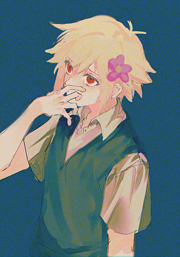 1boy, basil_(omori), blonde_hair, blue_background, collared_shirt, english_commentary, flower, green_vest