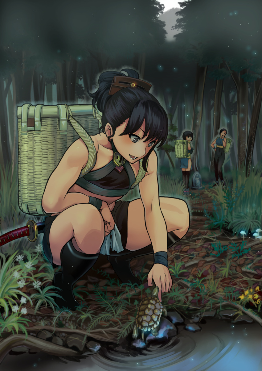 3girls, :p, animal, animal_focus, backpack, bag, bandages, basket, bike_shorts, black_hair, branch, calling, clothing_request, dirt, gesogeso, grass, hair_ornament, hairclip, highres, japan, japanese_clothes, katana, kimono, kneeling, kotetsu_(gesogeso), multiple_girls, muscular, muscular_female, nature, ninja, original, outdoors, petting, pond, retsu_(gesogeso), sheath, sheathed, shouting, smile, sword, toned, tongue, tongue_out, tree, turtle, weapon, zantetsu_(gesogeso)