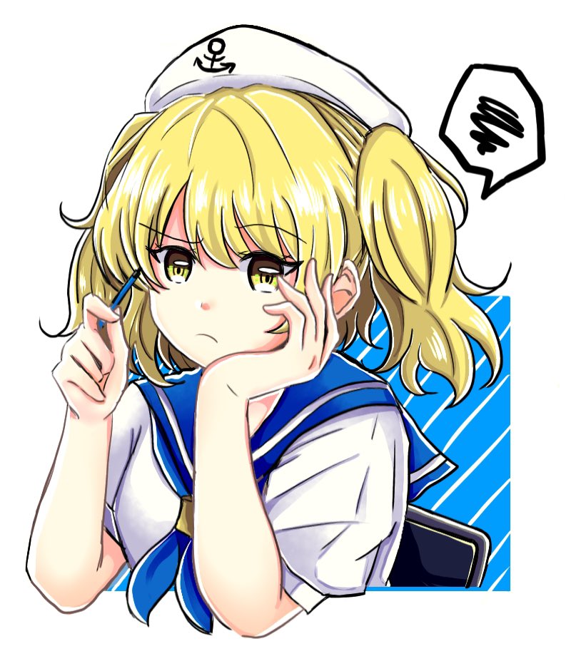 1girl, anchor_symbol, bangs, blonde_hair, blue_neckerchief, blue_sailor_collar, border, breasts