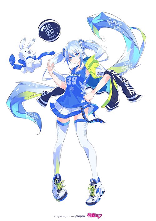 1girl, 1other, 39, animal, b._league, bare_arms, basketball, blue_eyes, blue_hair, blue_scarf, blue_shirt, clothes_writing, commentary, contrapposto, full_body, green_trim, hair_ornament, hand_on_hip, hand_up, hatsune_miku, jacket, jersey, light_blue_hair, long_hair, looking_at_viewer, miniskirt, monq, official_art, pleated_skirt, rabbit, rabbit_yukine, scarf, shirt, shoes, skirt, sleeveless, sleeveless_shirt, sneakers, snowflake_print, standing, thigh-highs, very_long_hair, vocaloid, white_footwear, white_skirt, white_thighhighs, yuki_miku, yuki_miku_(2010)