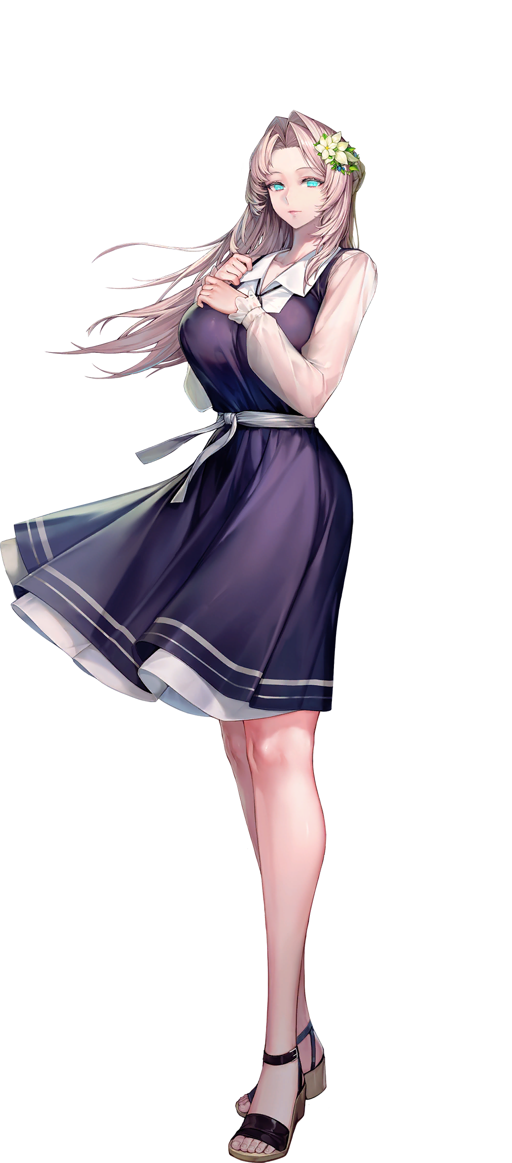 1girl, aqua_eyes, basket, black_footwear, blonde_hair, breasts, closed_mouth, collarbone