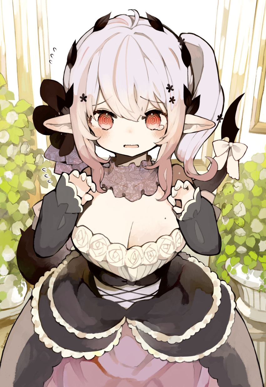 1girl, @_@, absurdres, arms_up, black_dress, boku_no_dokuhime_wa_kyou_mo_kawaii, bow, breasts